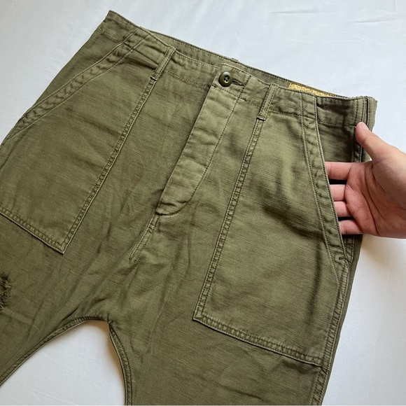R13 olive army green utility Japanese denim distressed cropped straight leg pant - Picture 5 of 11